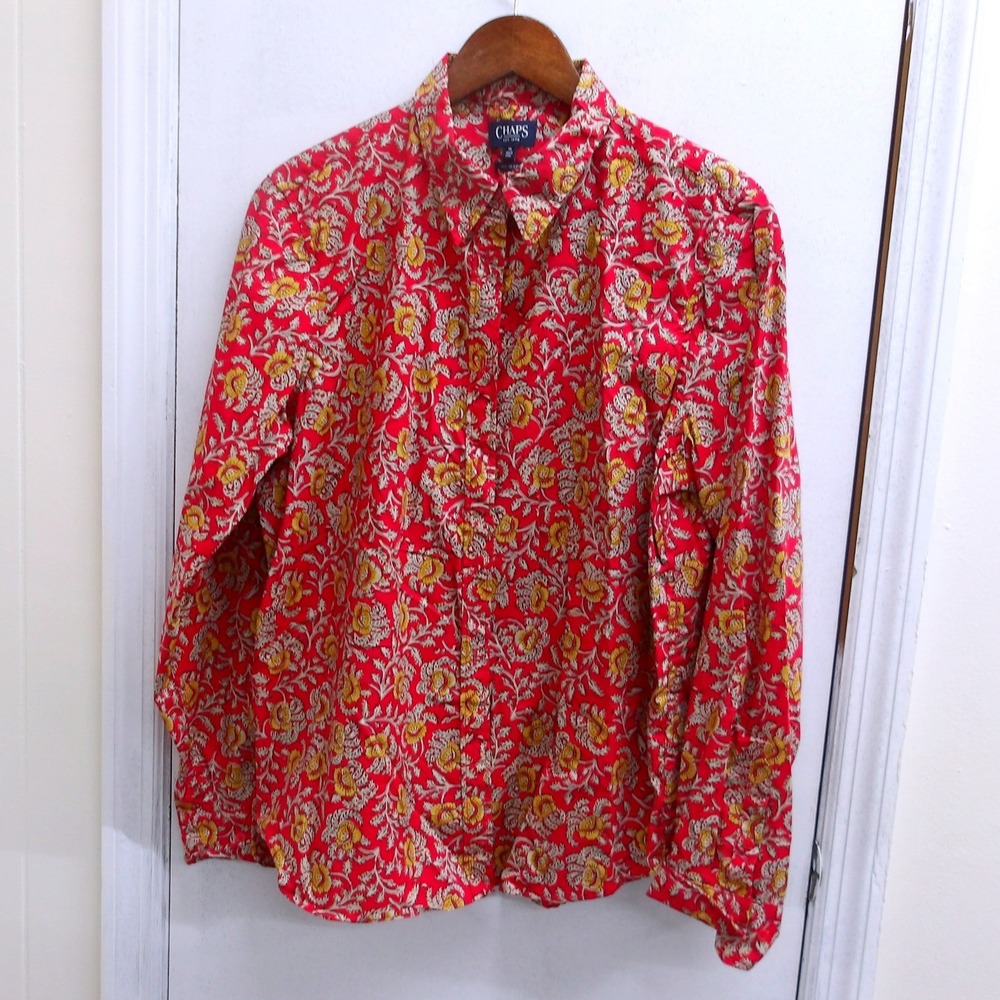 CHAPS Women's Red‎ Floral Print Long Sleeve Button Down Shirt Size M/ #2679